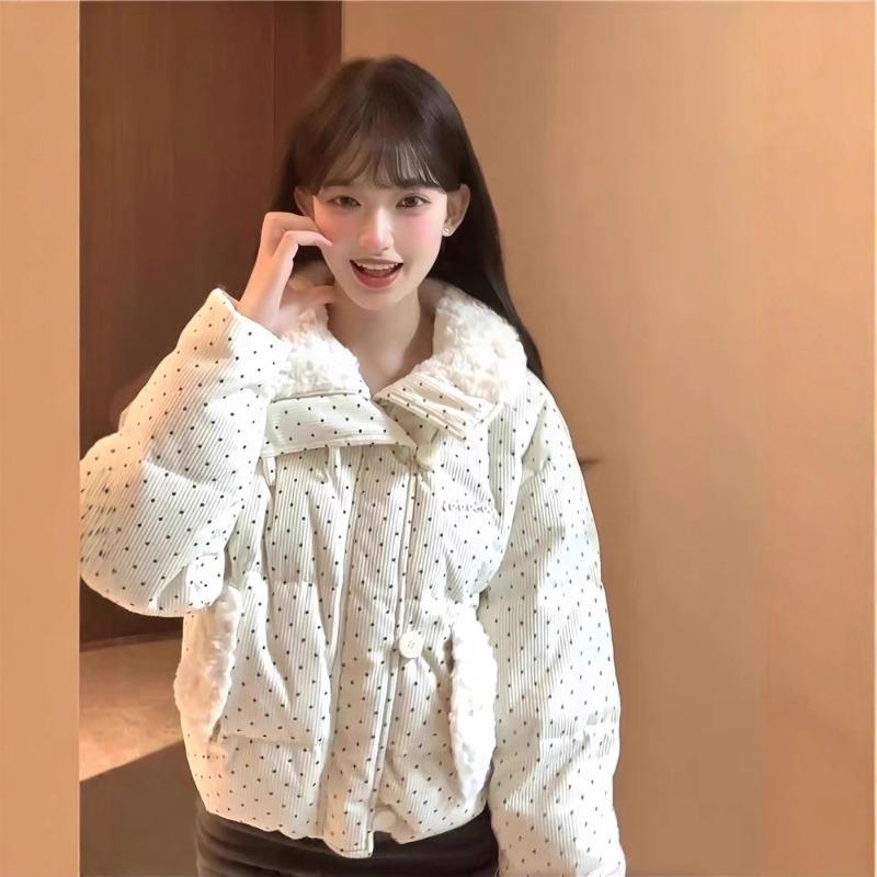 Giacca trapuntata da donna Kawaii a pois Parka corto in velluto a coste Patchwork con bottoni coreani Colletto alto Y2K Giacca calda Puffer