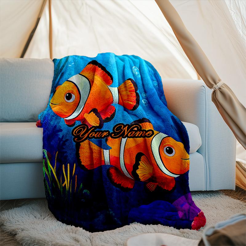 1PC Custom Name Clownfish Underwater Adventure outdooor Flannel blankets Patterns Throw Blanket All-Season Soft Gift for Couch, Bed, Camping gifts