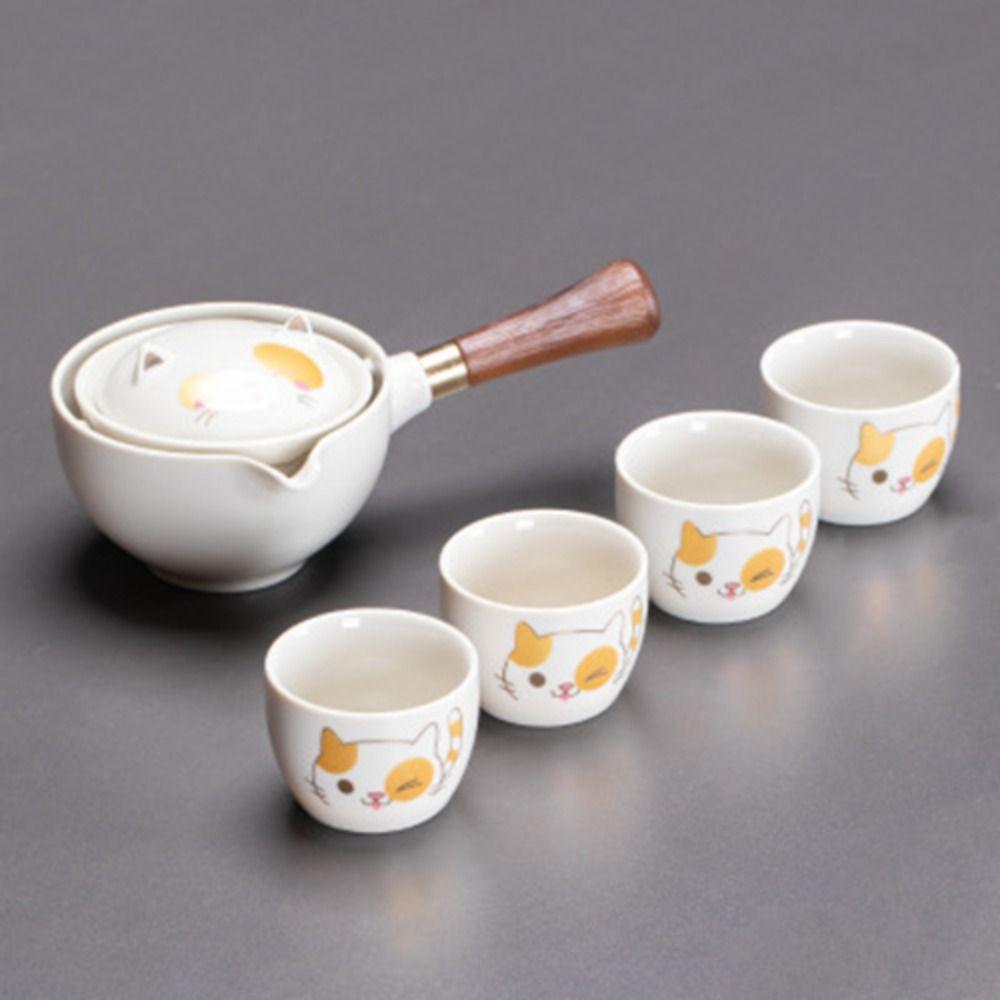 5/7pcs 360° Rotating Lucky Cat Teapot Set Ceramic Bubble Tea Set Exquisite Kung Fu Tea Pot Set  Gift