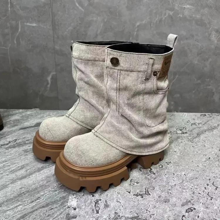 Jolin Tsai Style Casual Retro Thick Bottom Fashionable Trouser Boots Autumn New Arrival British Style Round Toe Rubber Outsole