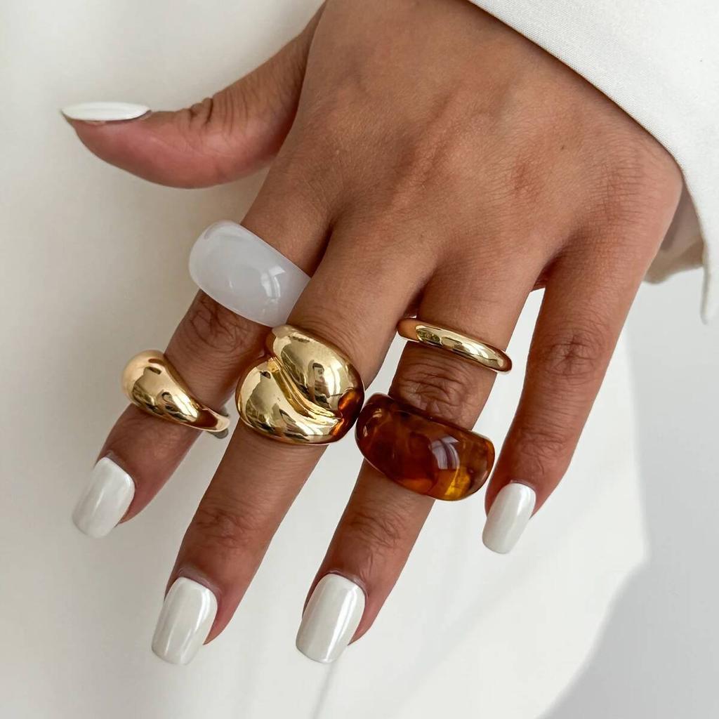 Salircon 5 Pcs/set Trendy Resin Acrylic Rings Women Punk Geometry Chunky Gold Color Metal Open Finger Ring Jewelry Accessories