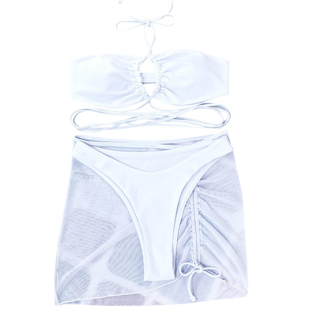 Women's Summer Fashion Sexy Color Backless Lace-up Waist Pleated Knotted Bikini Three-pieces Swimsuit