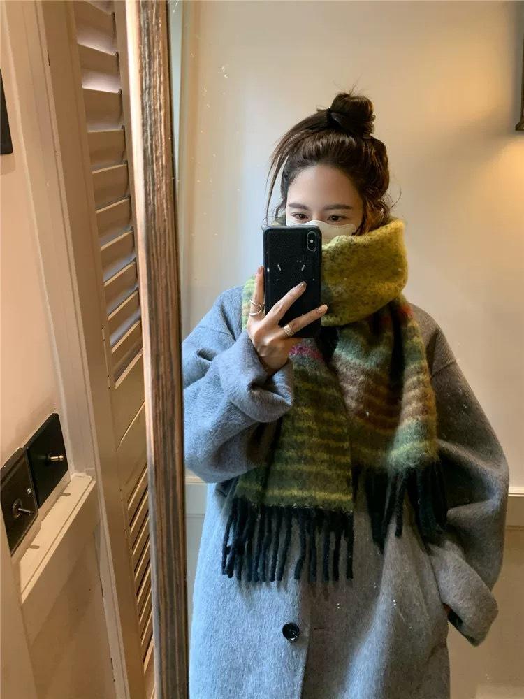 Retro Color Oil Painting Plaid Mohair Scarf Women's Autumn and Winter Thickened Warm New Fringed Scarf