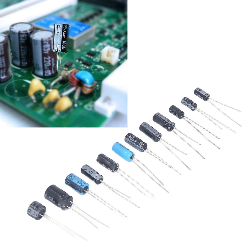 120 Stück 12 Typen Elektrolytkondensator Sortimentskit 0,22–470UF 50V 16V Schwarze In-Line-Kondensatoren