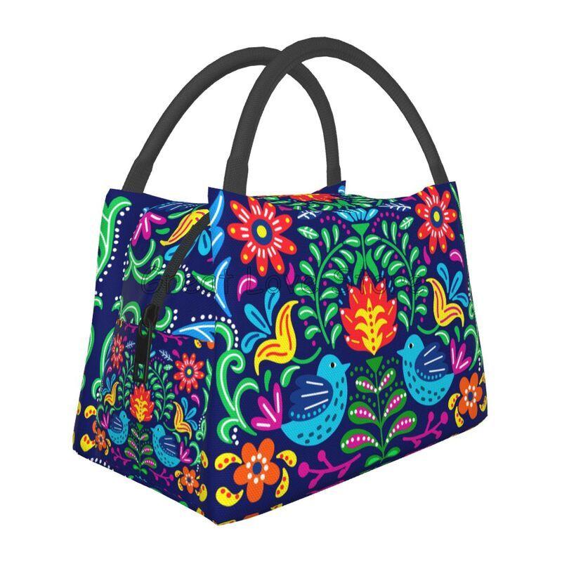 Mexikanische Blumen Florale Kunst Thermische Lunchtasche Damen Tragbar Isoliert Kühlertasche für Picknick Strand Arbeit Wiederverwendbare Brotdosen Taschen