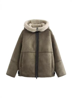 2024 Herbst/Winter Europäische & Amerikanische Kapuzenjacke aus Kunstleder mit lockerem Fell