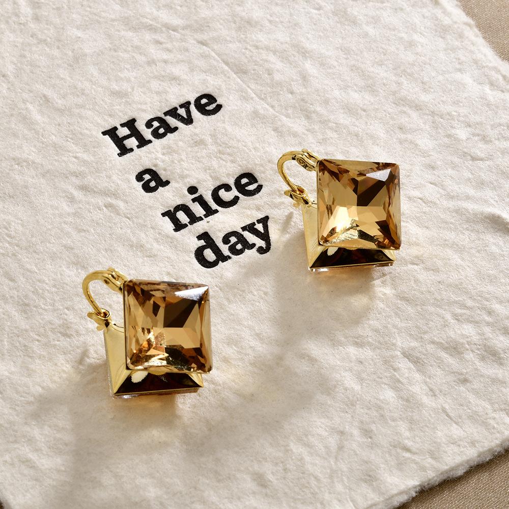 Stylish retro double-sided champagne square glass ear buckle high-end geometric niche design versatile earrings earrings