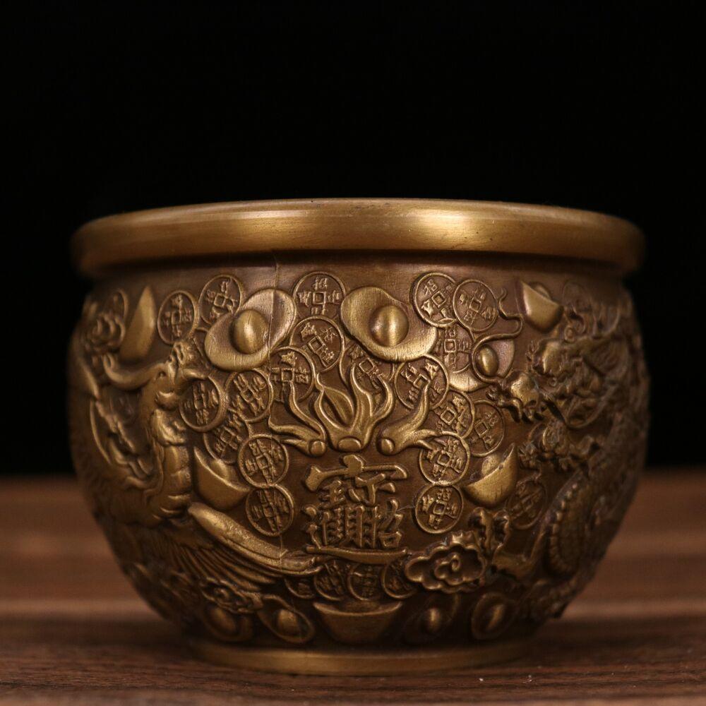 3.7" Collection China Bronze Animal Dragon Phoenix Yuanbao Money Treasure Bowl Statue