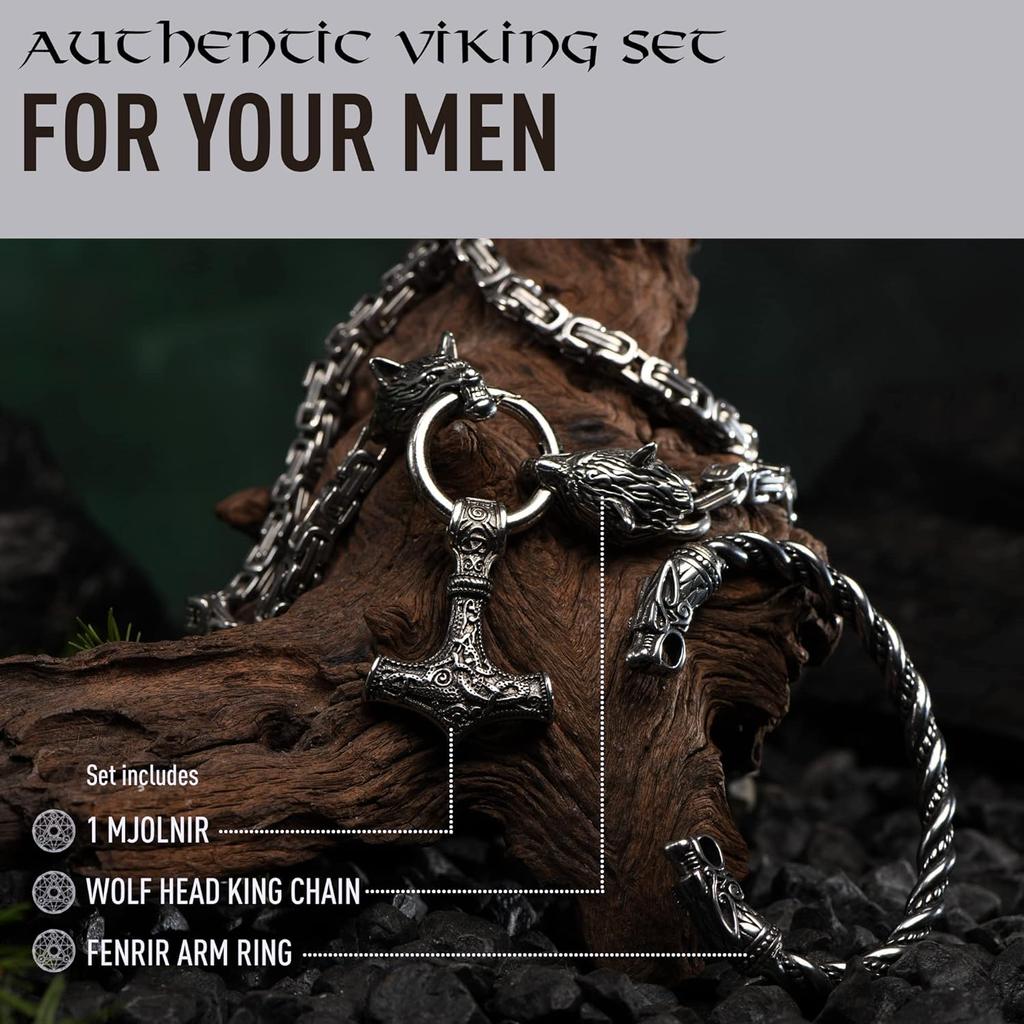 Collana Martello di Thor Vikingo Fatta a Mano in Acciaio con Teste di Lupo Ciondolo Mjolnir Gioielli Norreni per Uomo