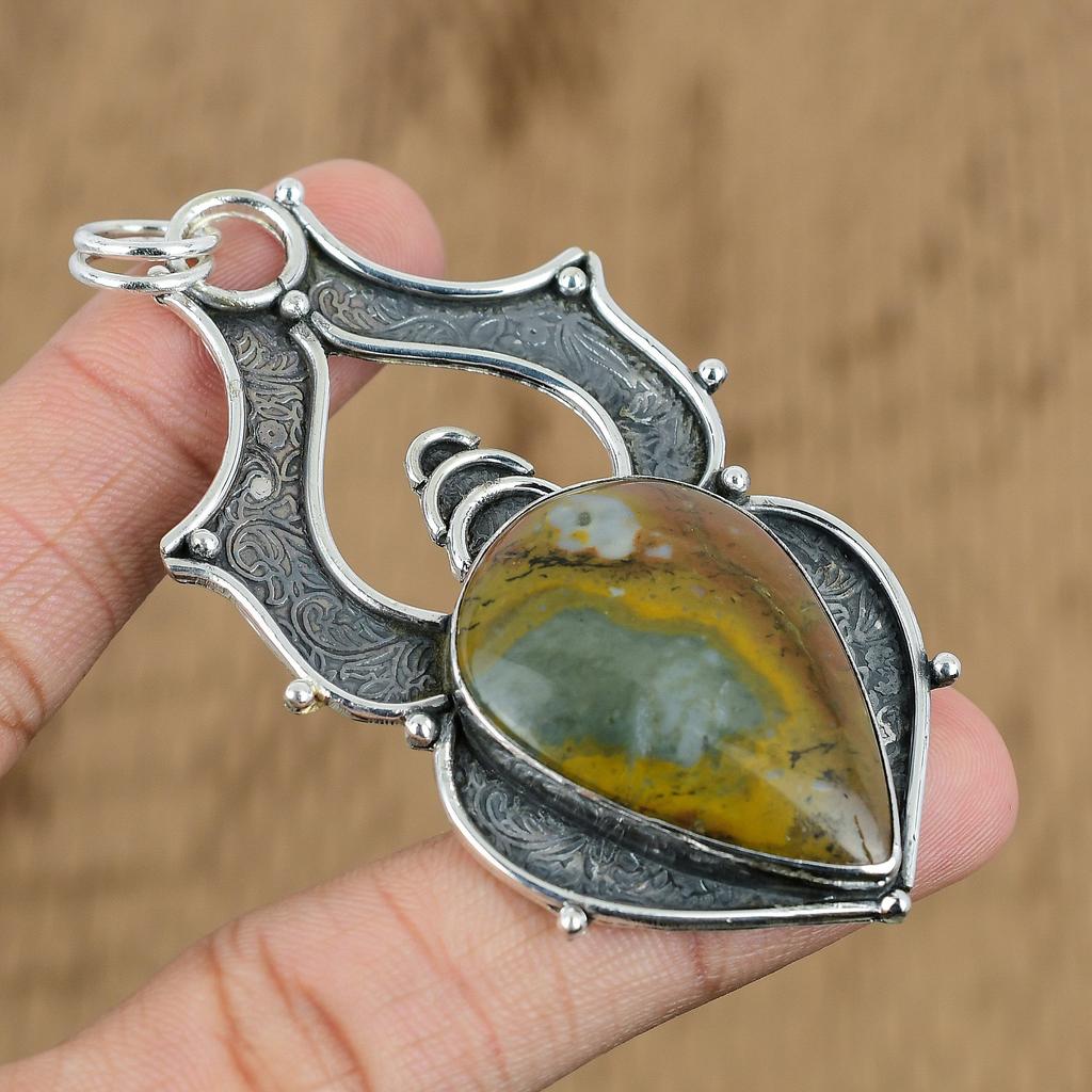 Easter Deal Pear Natural Polychrome Jasper Boho Pendant Jewelry Sterling Silver