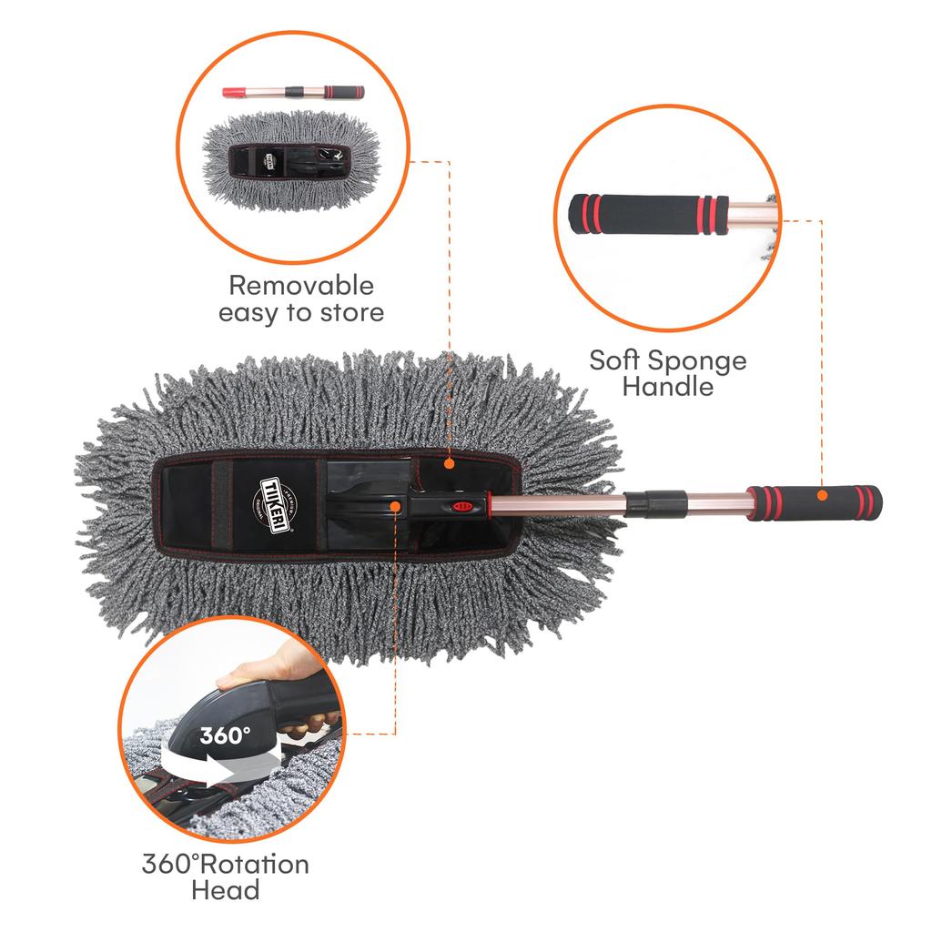 TIIKERI Auto-Staubwischer Staubentferner Auto-Wischer für Außen und Innen mit Verlängerbarem Dickfaserigen Griff bis zu und Rotierendem Bürstenkopf für Tief