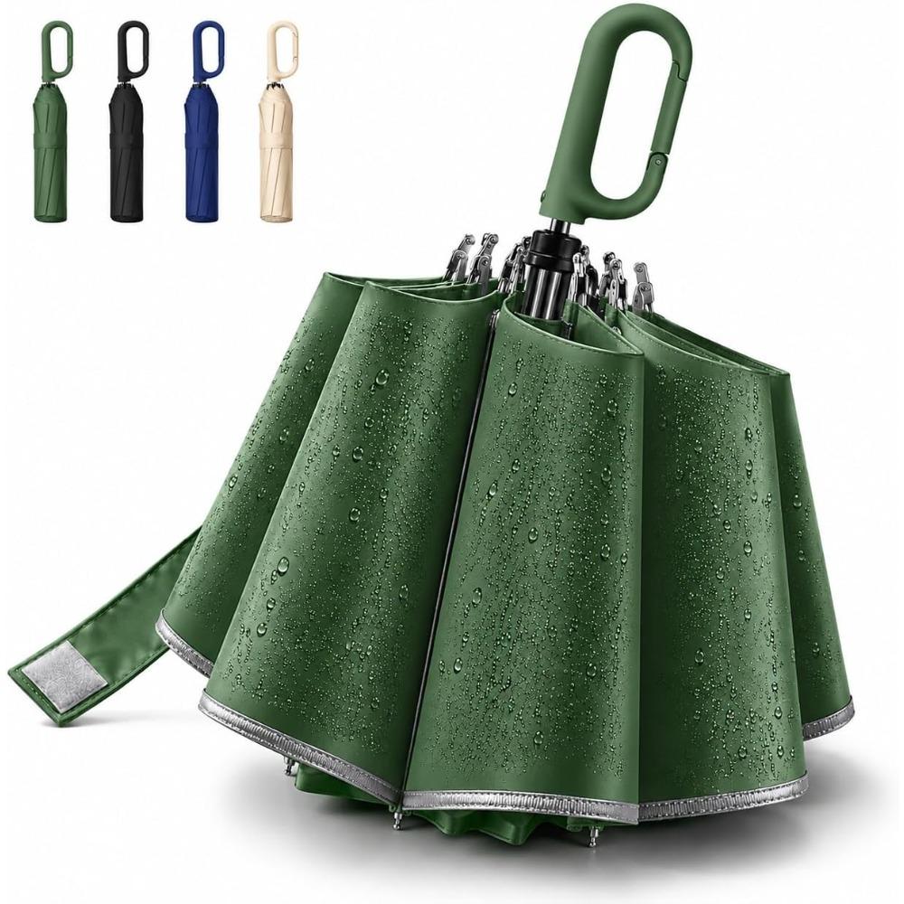 Ring Buckle Fully Automatic Umbrella, Windproof Reinforced Frame, Compact Inverted Travel Umbrella with Carabiner Handle, UV Protection Umbrellas