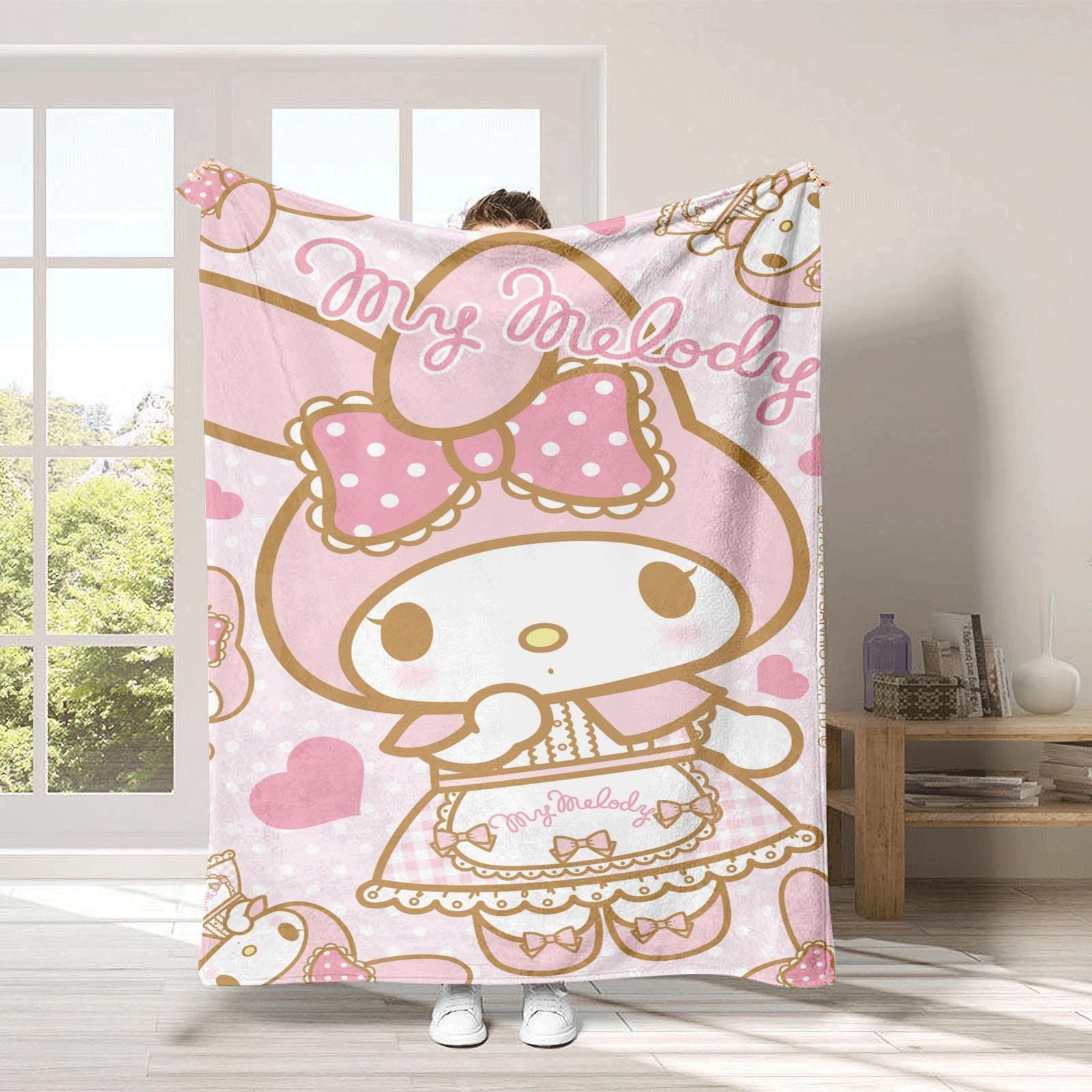 Sanrio Kawaii Flannel Blanket, My Melody & Kuromi Cute Print, Soft Cozy Throw Blanket for Bed & Sofa Cartoon Cute Room Decoratio 75X95CM