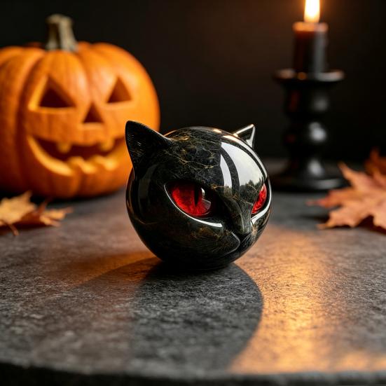 Mysterious Obsidian Style Ornament Spherical Black Cat Head Ornament, Resin Gothic Sculpture with Colorful Lover Gift Eyes for Halloween