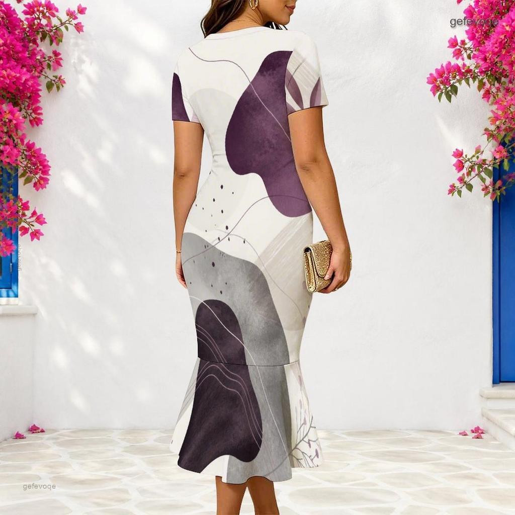 Women Plus Size Geometric Printed V Neck Short Sleeve Fitted Fishtail Dress Black Orange White