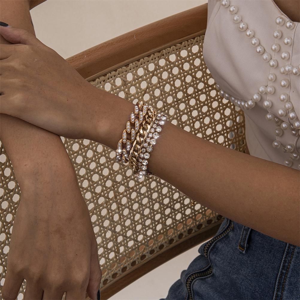 Hip Hop Thick Chain Bracelets Set for Women Shiny Rhinestone Bracelet Hand Chain Crystal Bracelet