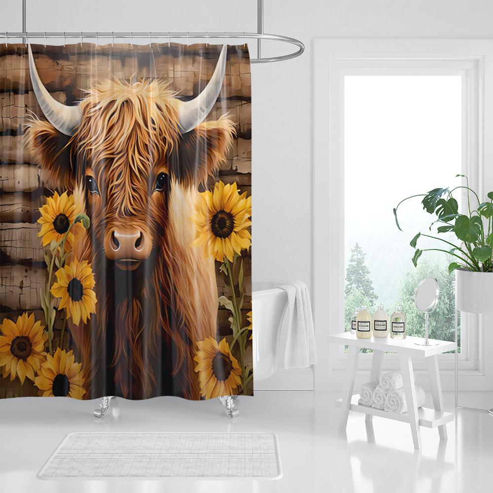 Funny Highland Cow Shower Curtain Farm Animal Sunflower Watercolour Flowers Farmhouse Polyester Fabric Bathroom Decor with Hooks