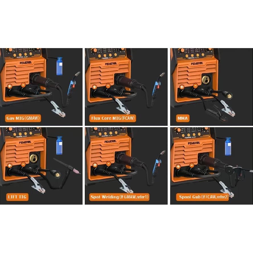 FEMEROL 6 In 1 Gas MIG Gasless Flux Core Stick Lift TIG Spot Welding Spool Gun Compatible Aluminum Welding Machine 110V/220V