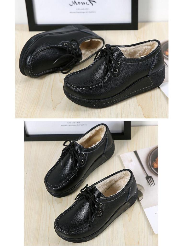 Dámské mokasíny na platformě z pravé kůže v korejském stylu - Sametové, bavlněné, silná podrážka, zvyšující výšku, ležérní, všestranné, teplé boty