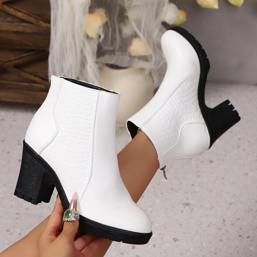 Winter Solid Color Sexy Round Head Zipper High-Heeled Thick Soled Casual Boots Fashionable New Comfortable Women'S Boots