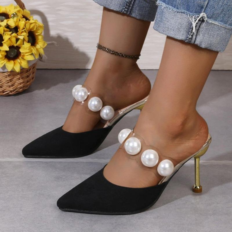 Heeled Pointed Toe Women's Slippers and Ladies Sandals Slides Shoes 2025 Trend Comfortable Elegan Original Designer Luxury Vip