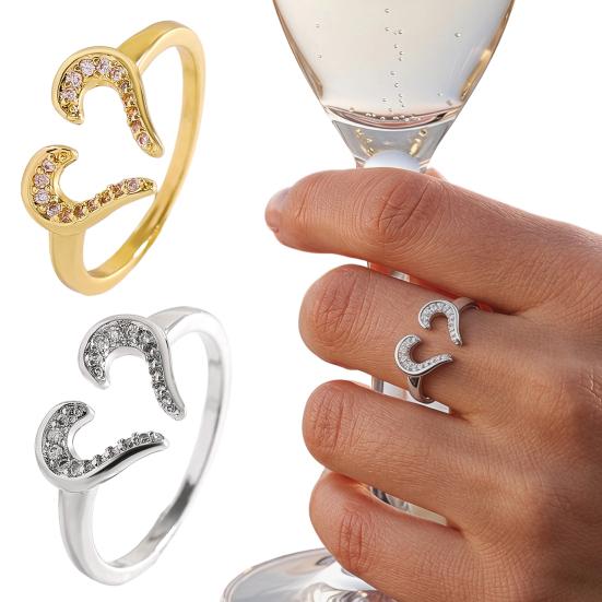 Women Ring Adjustable Open Heart Shape Finger Ring with Cubic Zirconia Semi-Inlaid Design Formal Wear Jewelry Gift