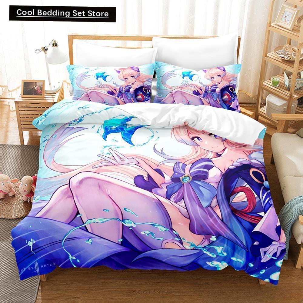 Genshin Impact Sangonomiya Kokomi Bedding Set Cartoon Anime Three-piece Set Adult Kid Bedroom Duvet Cover Sets 3D Kawaii Girls