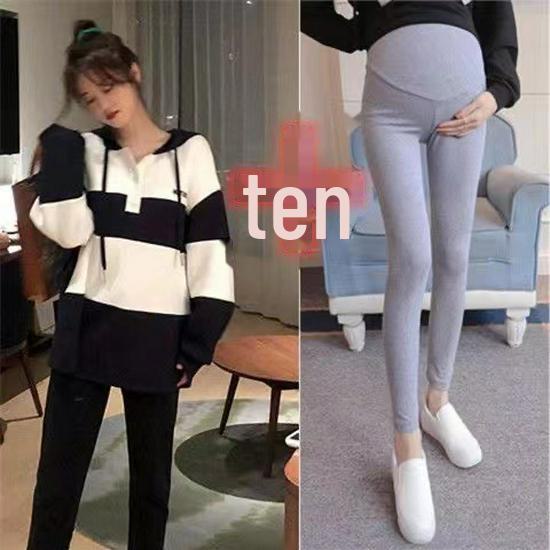 Stylish Cotton Maternity Suit: Belly-Concealing Hooded Pullover with Contrasting Colors