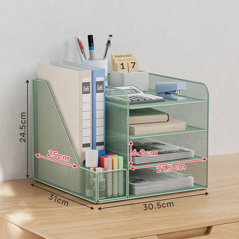 Schreibtisch-Organizer: Vertikale Aktenaufbewahrung, Bücherregal, Aktenständer und Stifthalter.