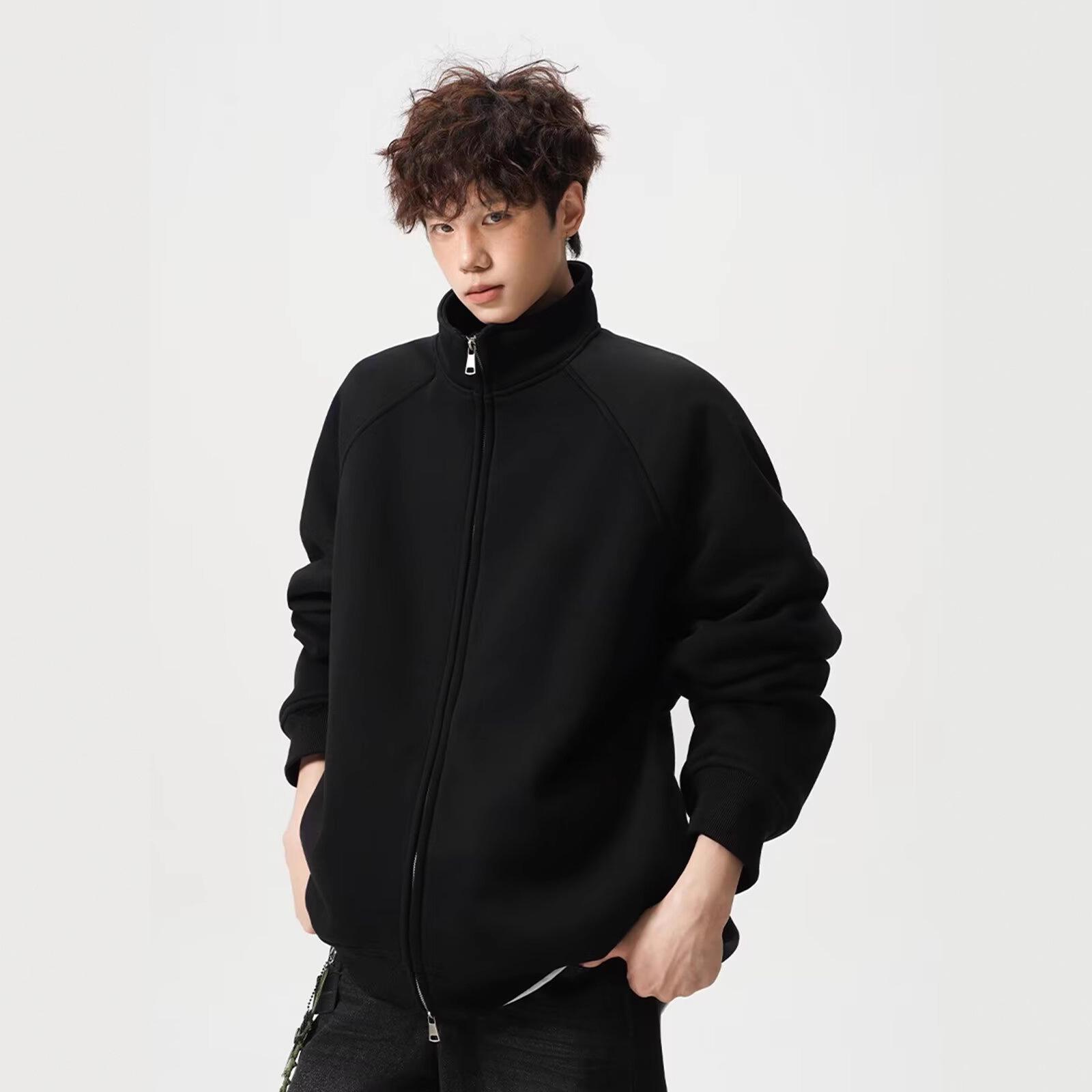 

Men s American Style Stand Collar Hoodie: Autumn Loose Fit, Double Zipper, Thickened Plain Color Sports Cardigan Jacket XXXL чорний