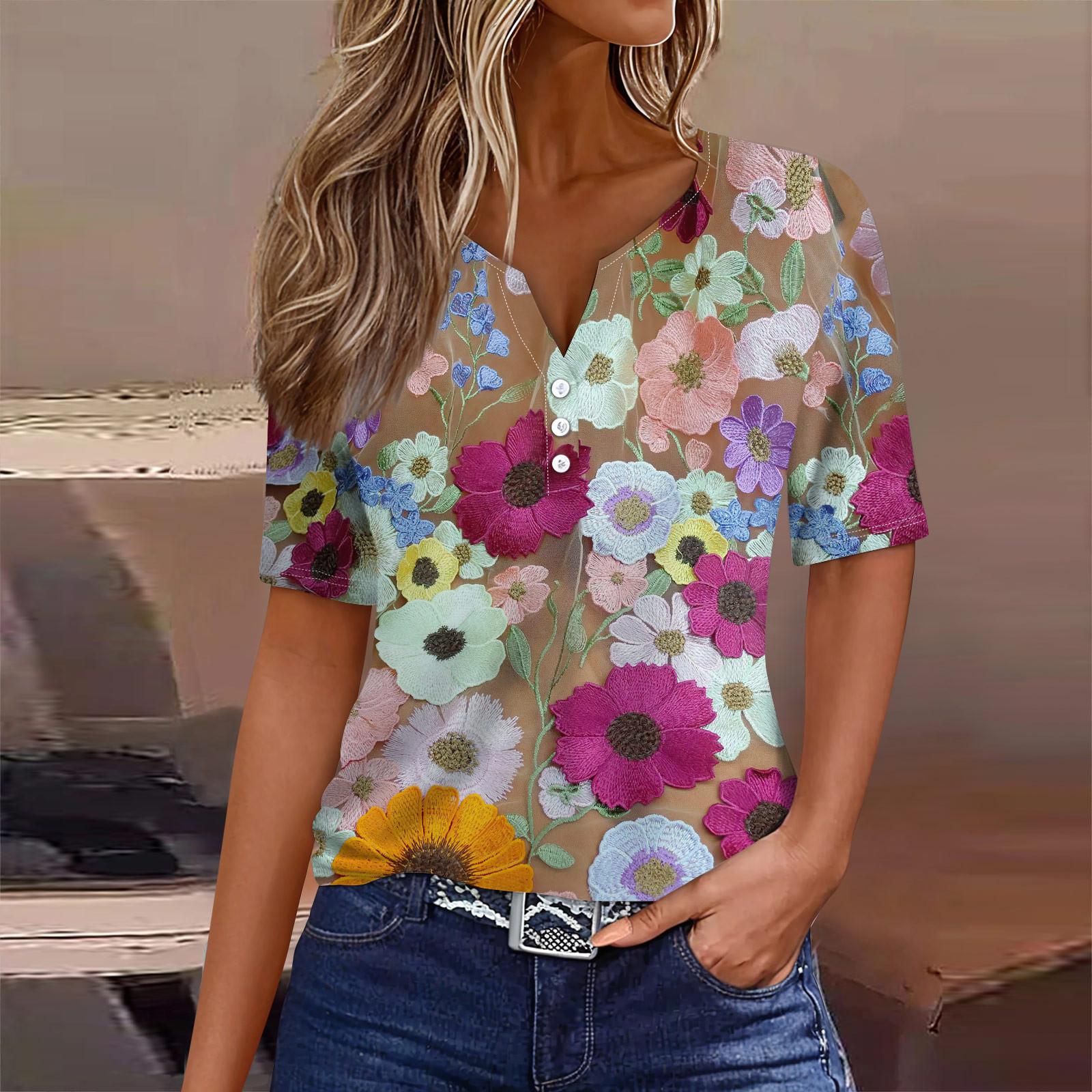 

Жіночі сорочки з короткими рукавами Милі квіти Трійники з графічним принтом Блузки Повсякденні топи великих розмірів Пуловери XXL