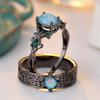 Green Zircon Blue Opal Oval Stone Ring Sets For Women Vintage Black Metal Engagement Bands Wedding Jewelry Set Versatile Gifts