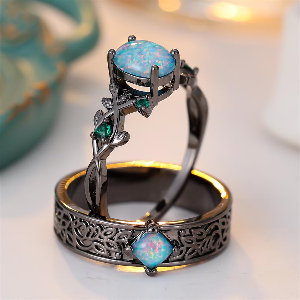 Green Zircon Blue Opal Oval Stone Ring Sets For Women Vintage Black Metal Engagement Bands Wedding Jewelry Set Versatile Gifts