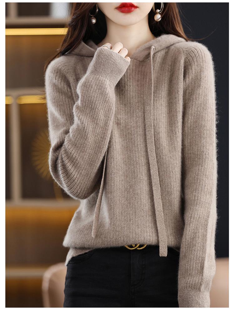 Women's 100% Cashmere Wool Hooded Sweater: Cozy Autumn/Winter Knitwear with Large Hood, Plus Size Options Available.
