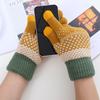 1 Pair Thickened Warm Full Fingers Touch Screen Ribbed Cuffs Women Gloves Winter Striped Splicing Double Layer Fleece Lining Knitting Gloves for Cold