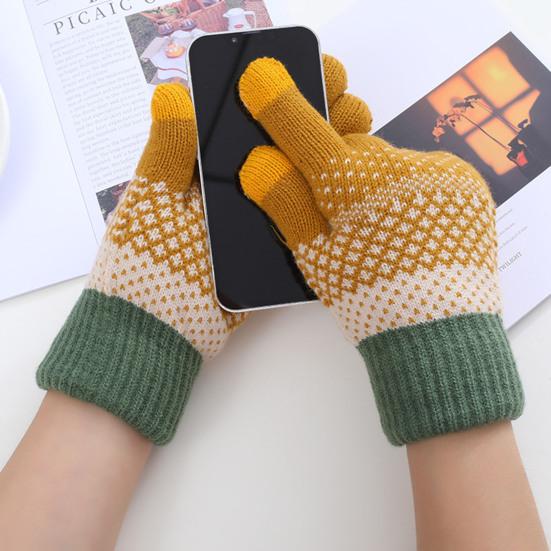 1 Pair Thickened Warm Full Fingers Touch Screen Ribbed Cuffs Women Gloves Winter Striped Splicing Double Layer Fleece Lining Knitting Gloves for Cold