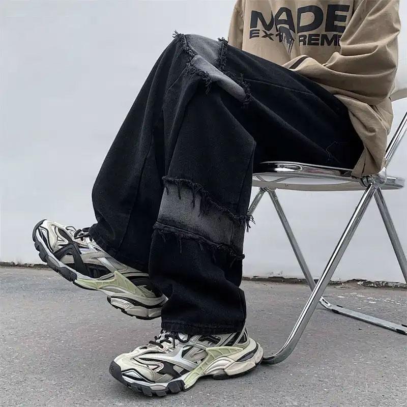 Młodzieńcza Witalność Modne Szyte Jeansy Odzież Męska Frędzle Szerokie Nogawki Spodnie Jeansowe Zniszczony Streetwear Proste Spodnie