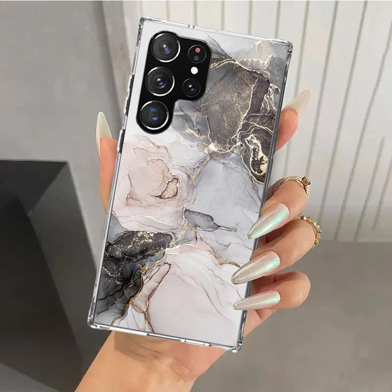 Fashion Gold Pink Geometric Marble Phone Case for Samsung Galaxy S26 S24 S23 Ultra S25 Edge S22 S21 Plus S20 FE + Soft Print She