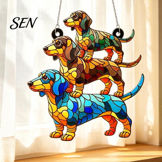 Dachshund Lover Gift Idea Hanging Ornament, Acrylic Window Sun Catcher, Cute Car Ornament Dog Decoration for Home Room Decor, Front Porch Accessory