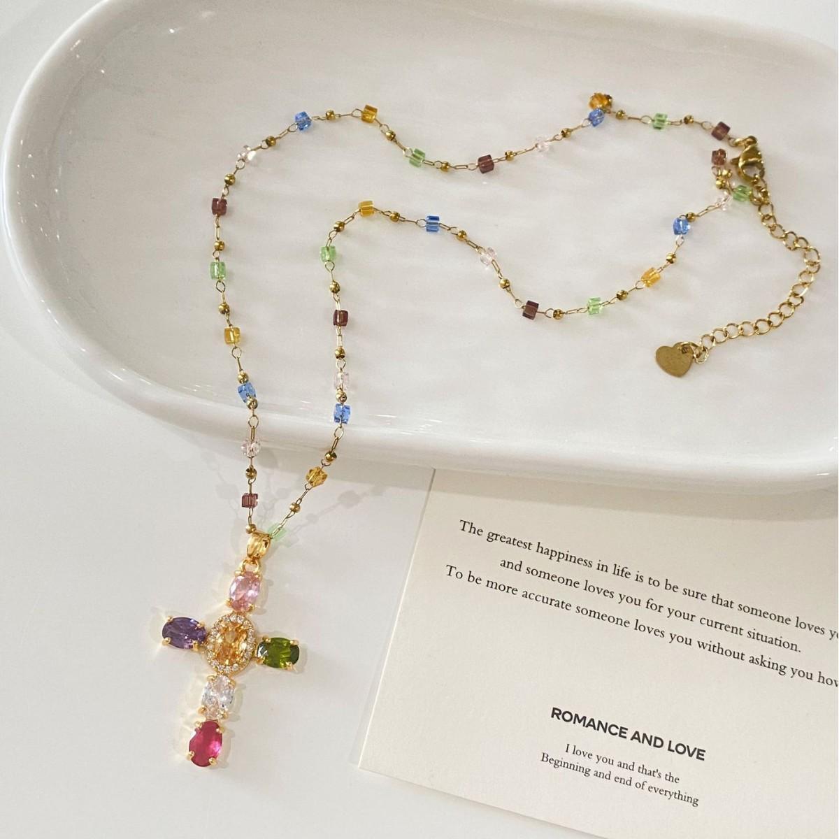 French Exquisite Zirconia Cross Pendant Necklace: Fresh, Colorful Choker for Elegant Style