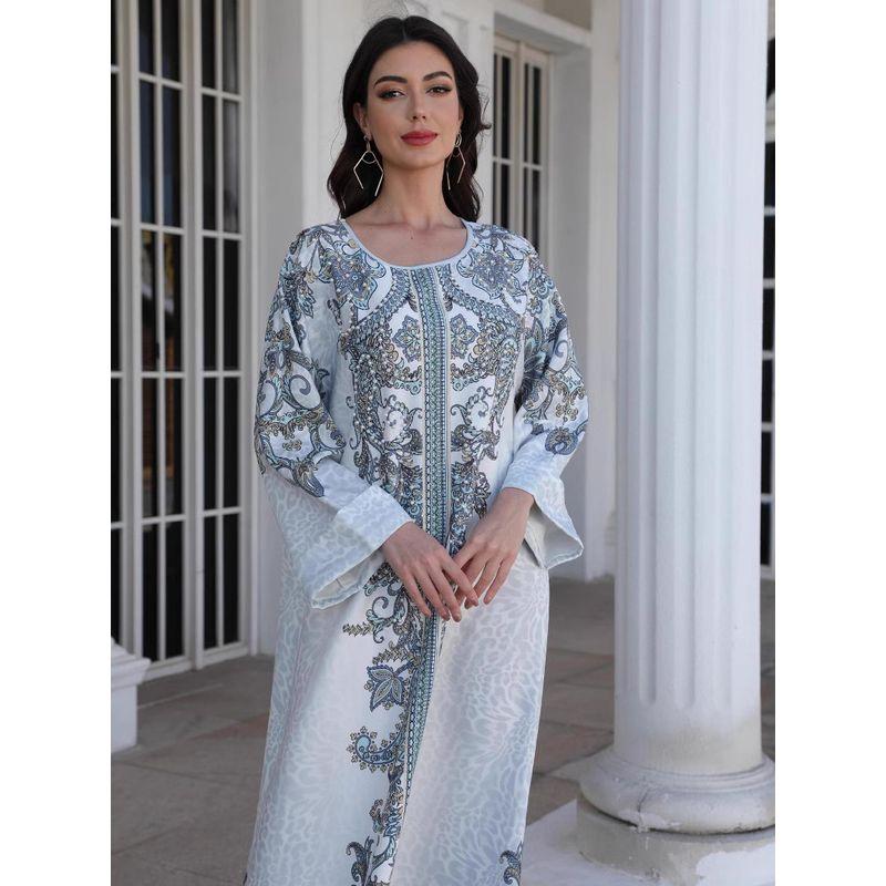 Middle East Indonesia Cross-Border Stand Collar Women Robe Print Diamond Beads New Formal Dress Travel Dress Dresses