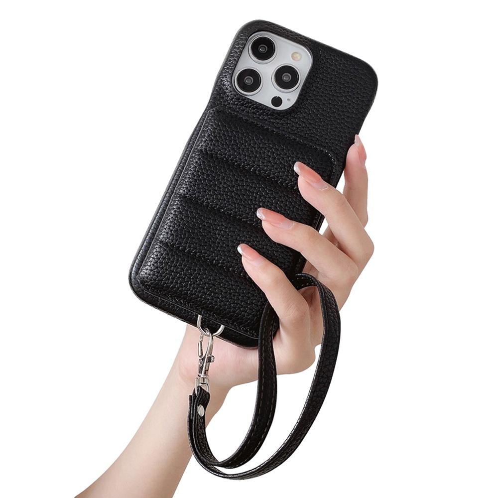 

For iPhone 16 Pro Case Card Slots Kickstand PU Leather+PET Phone Cover with Wrist Strap Black