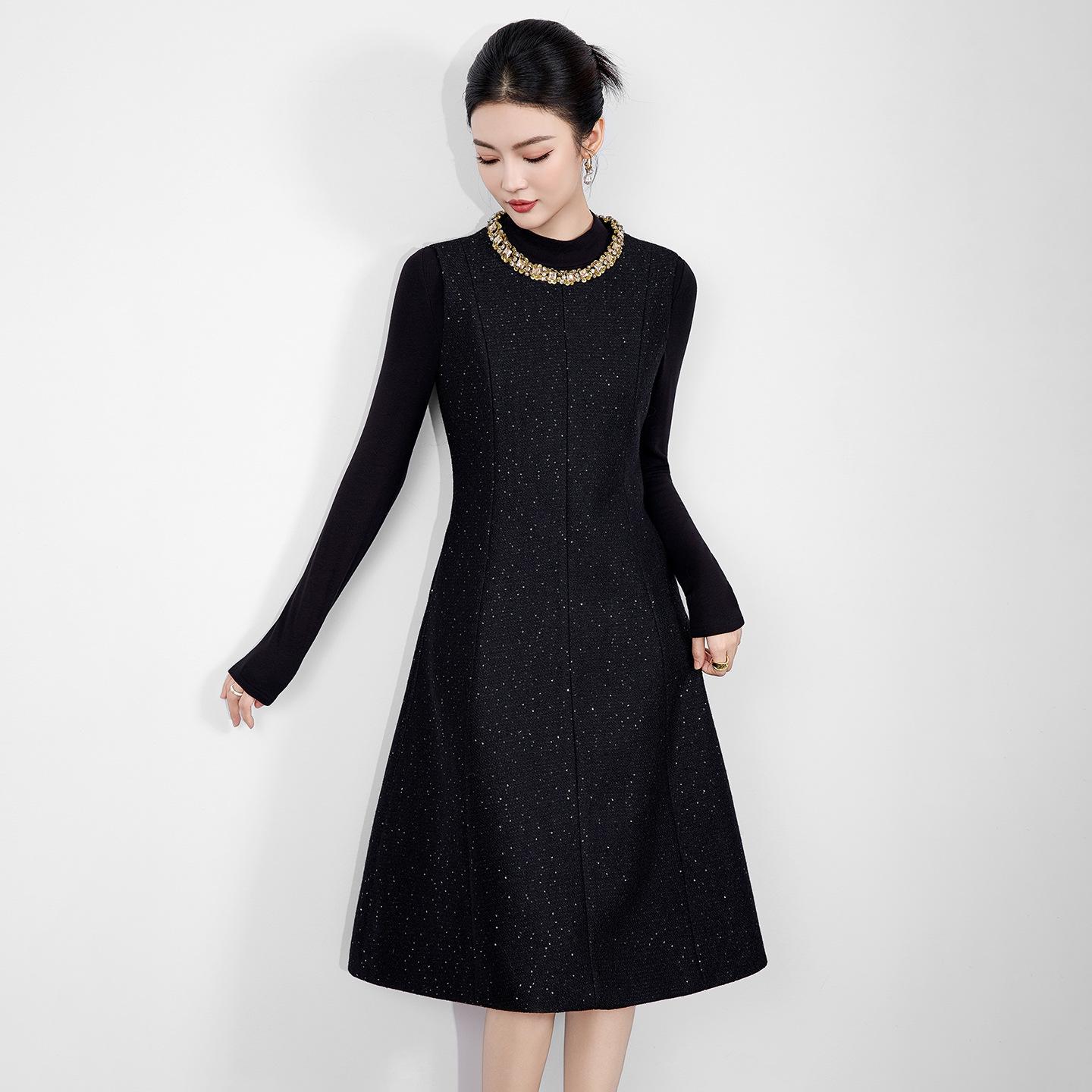 High-End Diamond Sequin Tweed A-line Vest Dress in Little Coco Style L чёрный