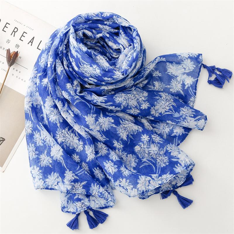 Fashion Luxury Women Viscose Scarf Ventilate Designer Shawl Cotton Linen Tassel Pashmina Muslim Hijab Wrap Floral
