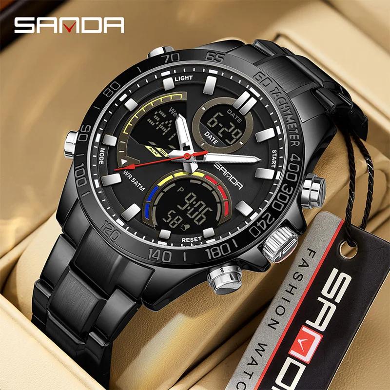 

SANDA New Fashion Trend Men s Electronic Watch Multi functional Waterproof Alarm Clock Stainless steel Teenager Sports Watch чорний