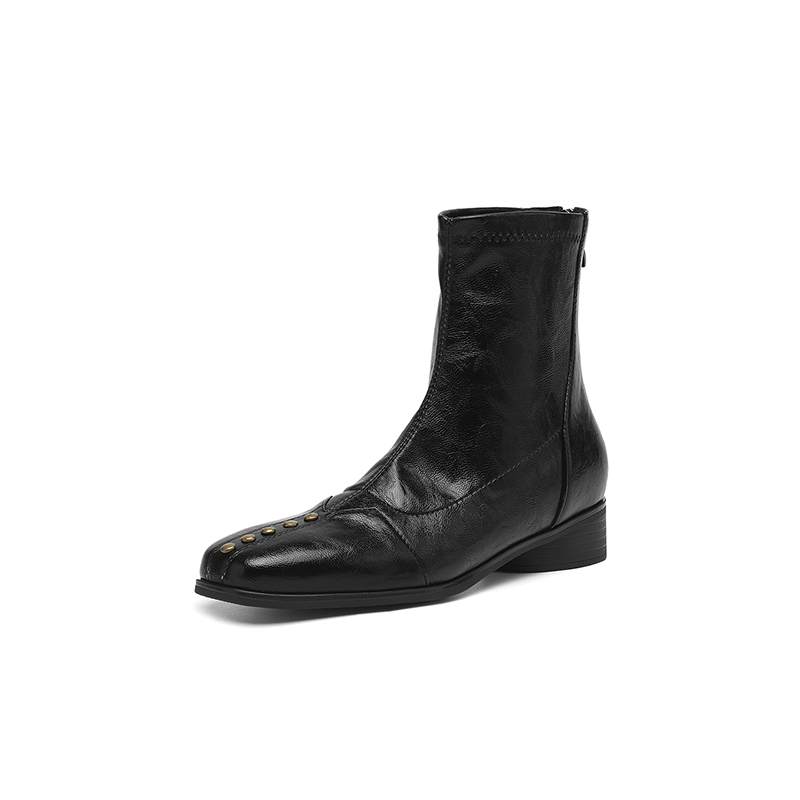 Krazing Pot Microfiber Winter Square Toe Modern Size 33 Boots Size 43 Metal Rivets Med Heels Zipper Women Ankle Boots