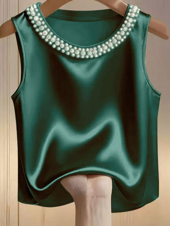 2026 Women s European & American Solid Color Round Neck Faux Pearl Casual Fashion Vest L зелёный