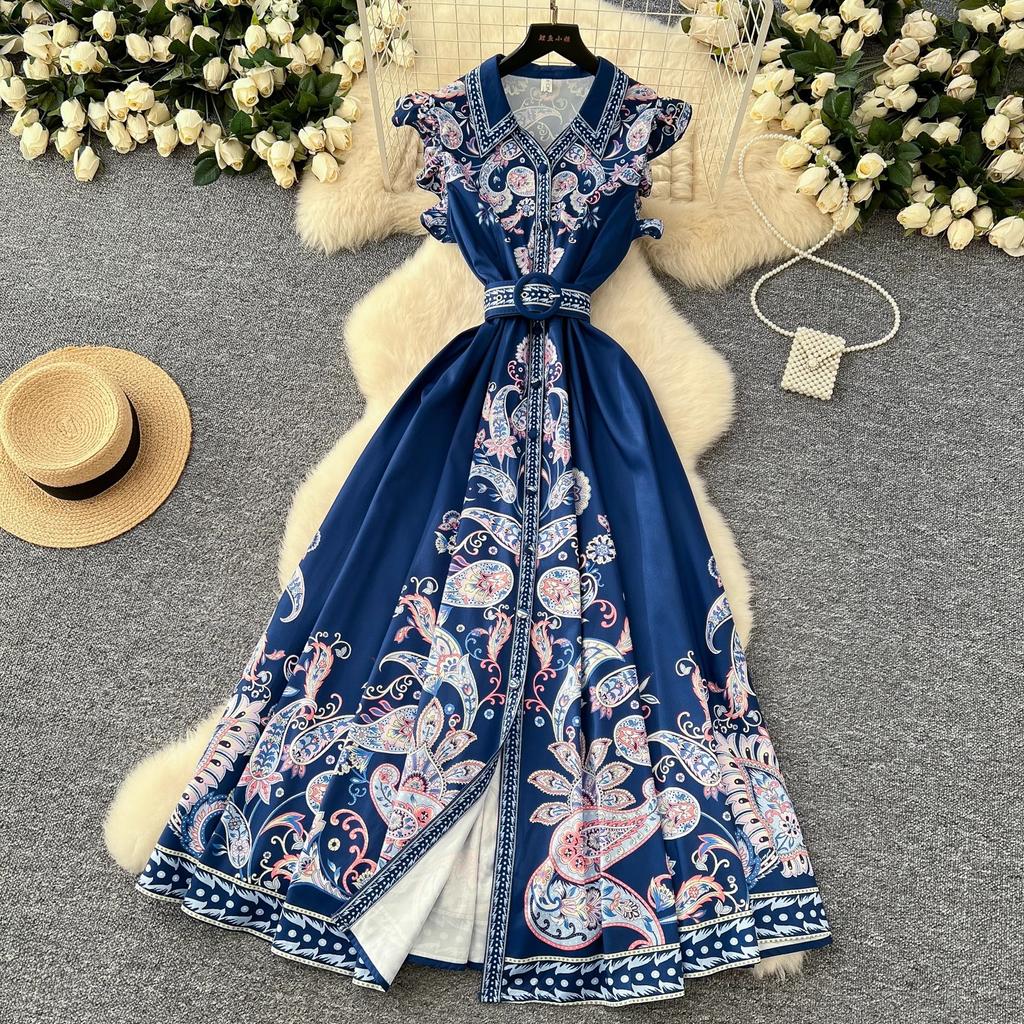 New Summer Pirnt Women Flower Turn Down Collar Flying Sleeve Belt Single Breasted Boho Holiday Party Dresses
