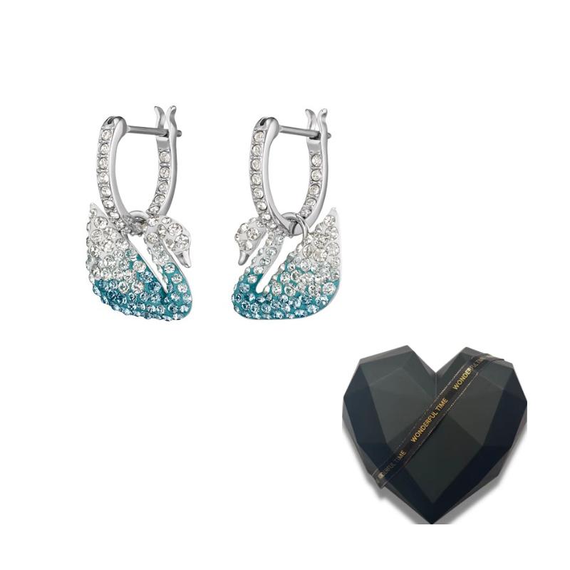 Swarovski Artificial Crystal Earrings Womens Blue One Size-Black Heart-Shaped Gift Box синий