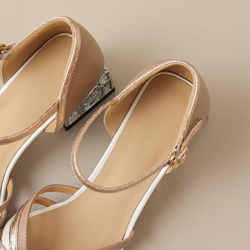 Fashion Women's New Spring/Summer Bag Heel Round Toe Genuine Cowhide Color Block Diamond High Heel Roman Sandals